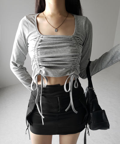 【 ３color 】 ダブルシャーリングリボンスクエアネックトップス ／ double shirring ribbon square neck tops