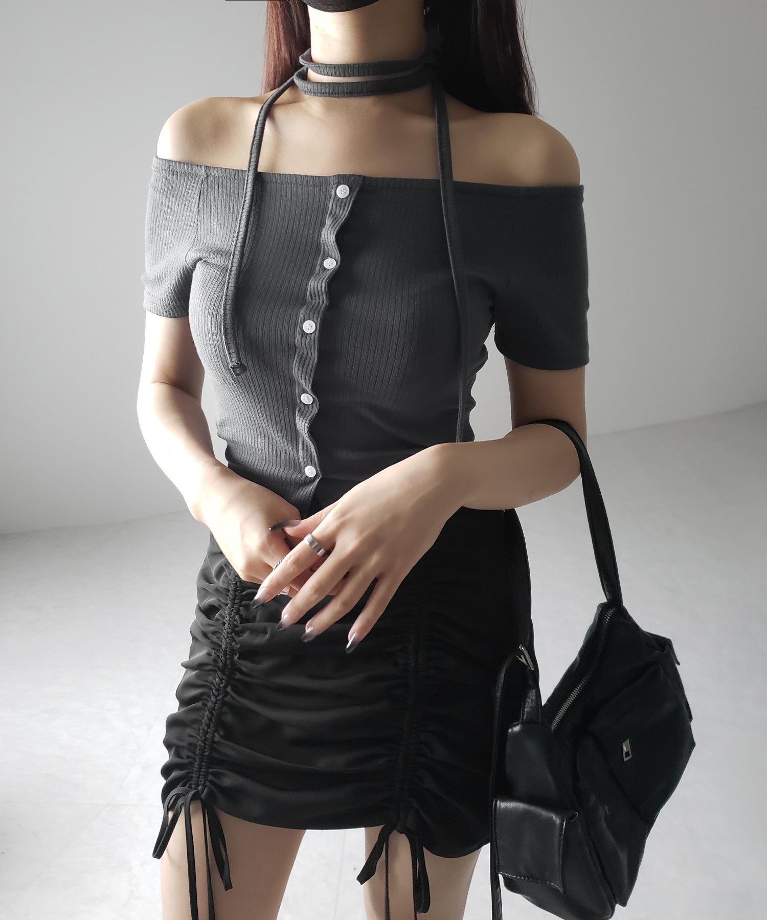 【 ２WAY 】ストラップリボンオフショルダーリブトップス ／ strap ribbon off shoulder rib tops