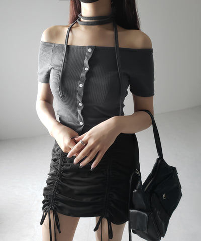 【 ２WAY 】ストラップリボンオフショルダーリブトップス ／ strap ribbon off shoulder rib tops