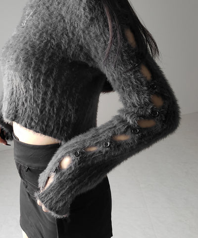 【 ３color 】カットアウトスリットスリーブショートシャギーニット ／ cutout slit sleeve short shaggy knit