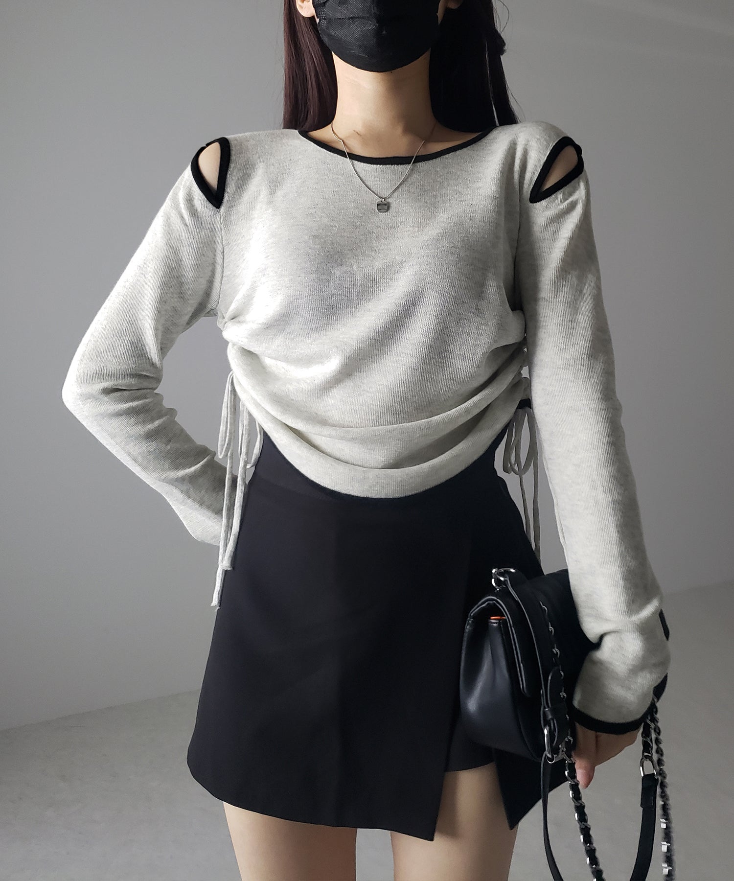 【 ４color 】パイピングカットアウトサイドリボンニットトップス
