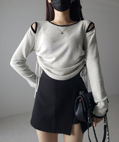 【 ４color 】パイピングカットアウトサイドリボンニットトップス