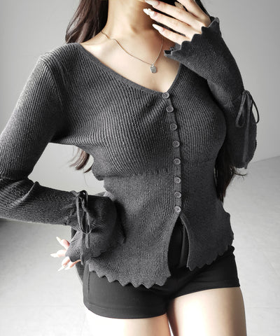 フレアリボンスリーブ透かし編みニットカーディガン ／ flare ribbon sleeve openwork knit cardigan