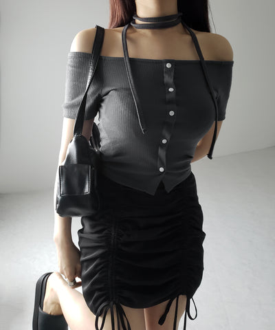 【 ２WAY 】ストラップリボンオフショルダーリブトップス ／ strap ribbon off shoulder rib tops