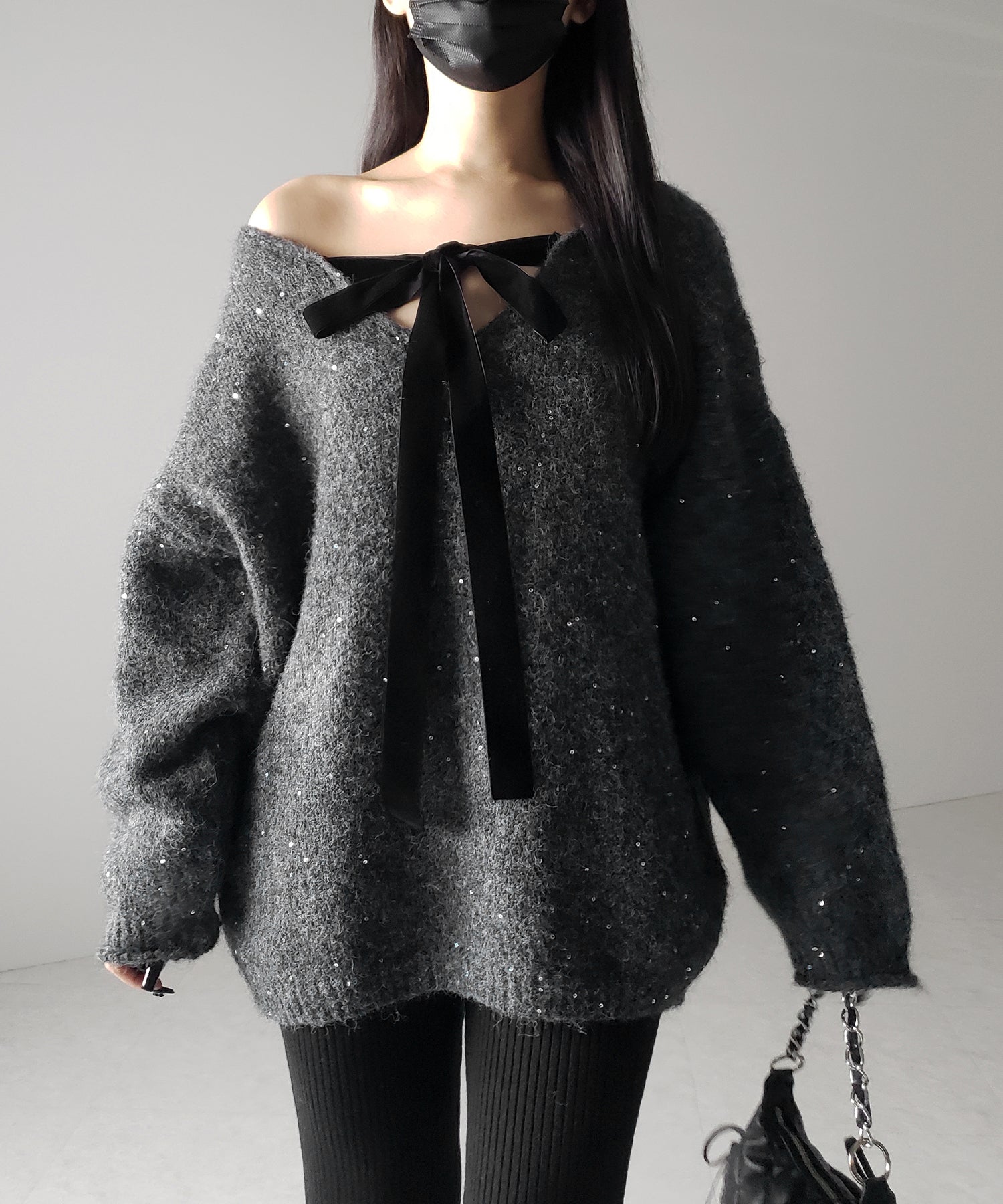 【 ２WAY 】ベロアリボンスパングルオーバーニット ／ velor ribbon spangle over knit