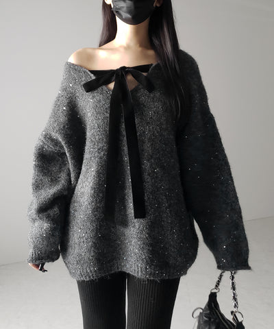【 ２WAY 】ベロアリボンスパングルオーバーニット ／ velor ribbon spangle over knit