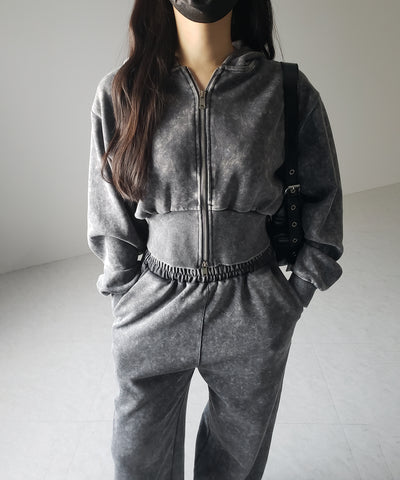 【 セットアップ 】ピグメントヴィンテージショートパーカー ＋ ワイドパンツ SET ／ pigment vintage short hoodie + wide pants SET