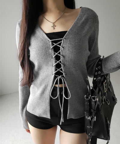 【 ３color 】レースアップリボンリブニットカーディガン ／ lace up ribbon rib knit cardigan