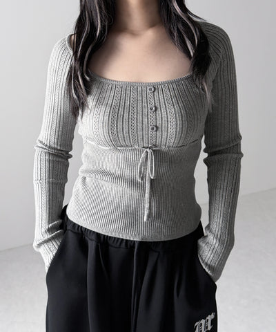 スリムフィット透かし柄リブニット / slim fit watermark pattern rib knit tops