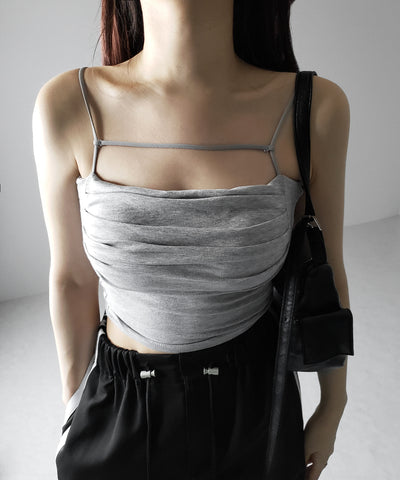 【 カップ付き／２WAY 】ラインストラップタックショートキャミソール ／ line strap tuck short camisole