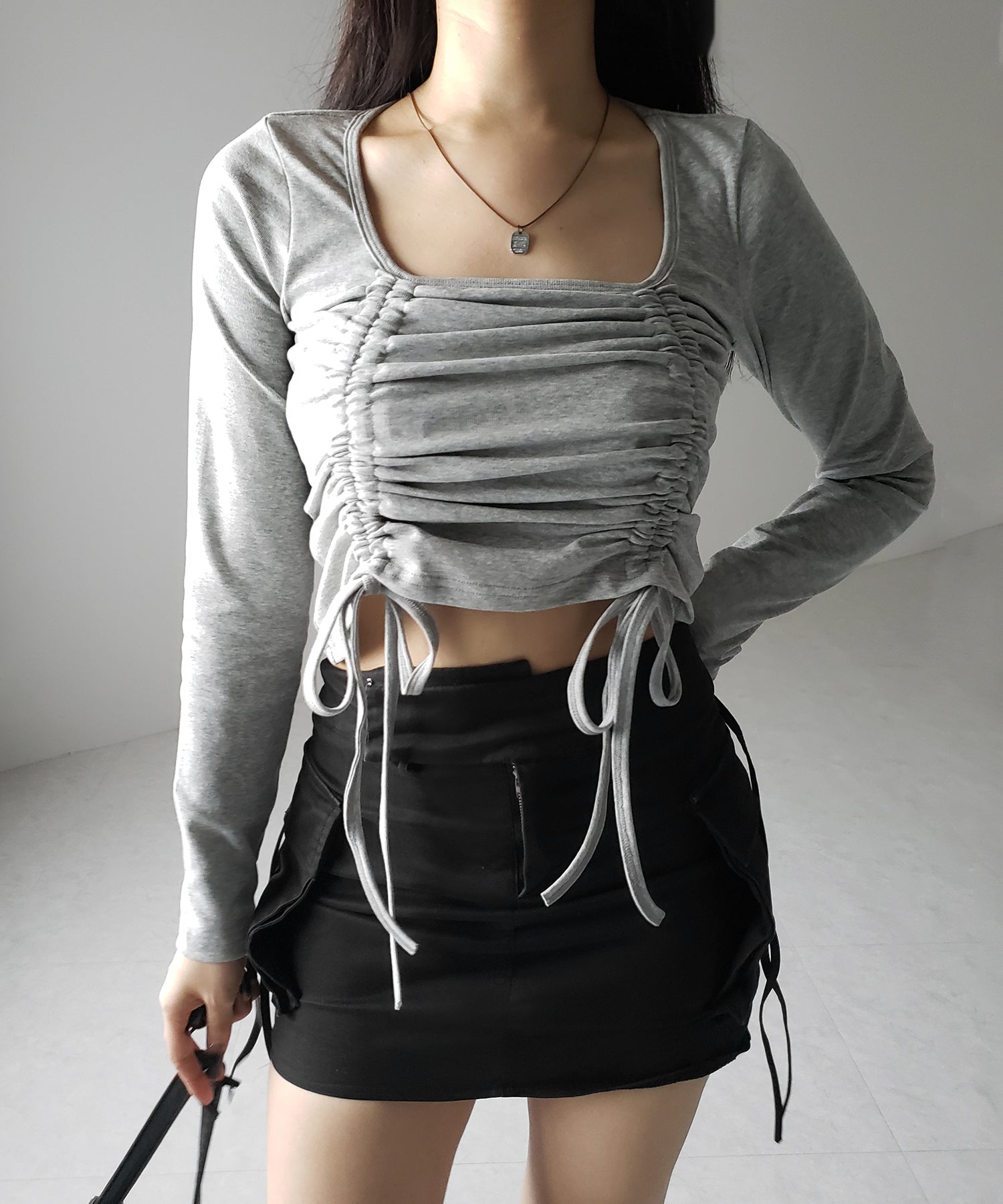 【 ３color 】 ダブルシャーリングリボンスクエアネックトップス ／ double shirring ribbon square neck tops
