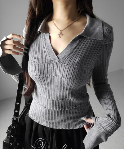 スキッパーネックスリムリブニットトップス ／ skipper neck slim rib knit tops