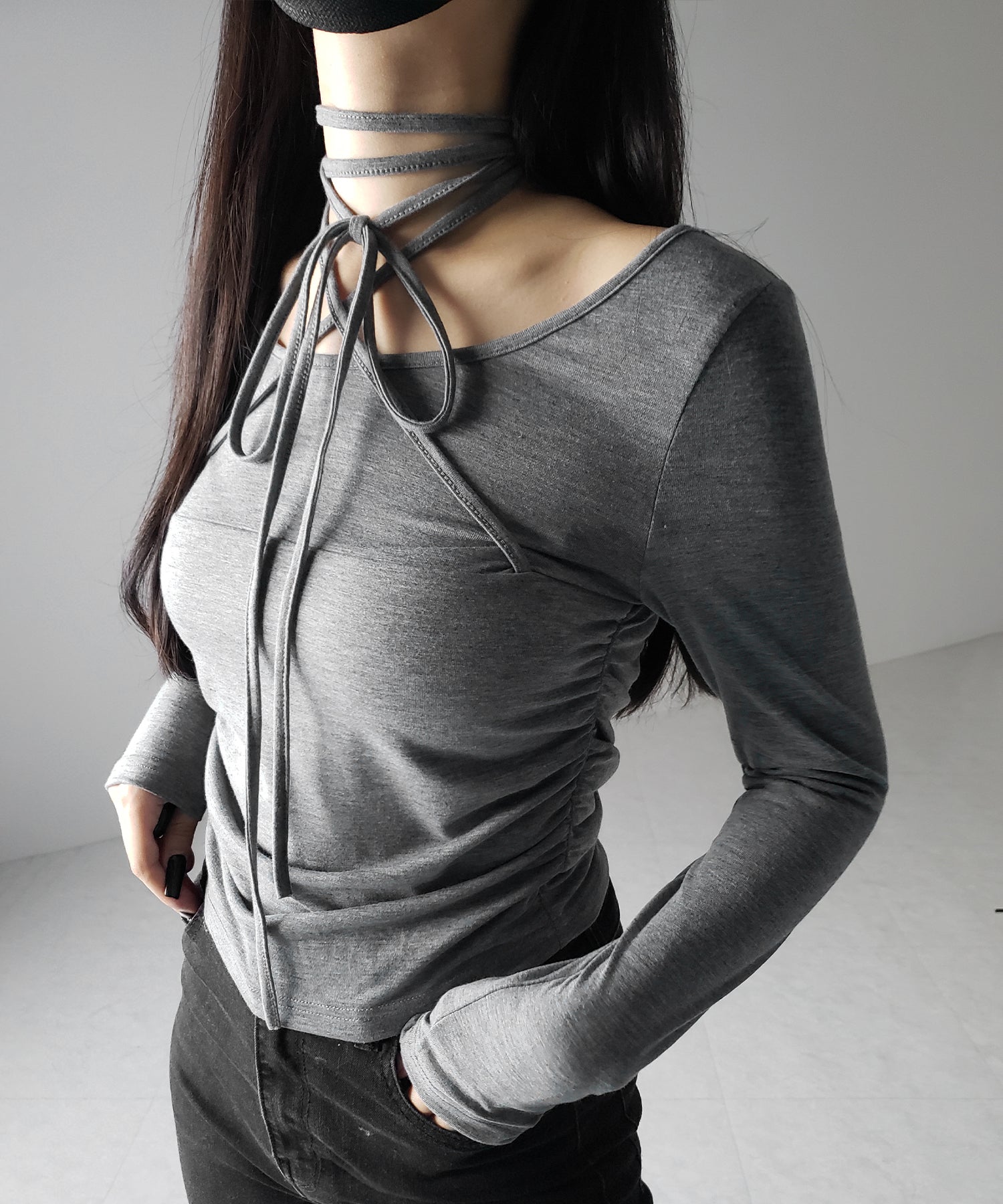 【 ３color 】クロスストラップロングチョーカーリボントップス ／ cross strap long choker ribbon tops
