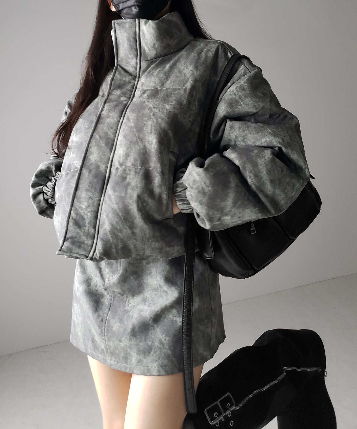 【 セットアップ着用可能 】ヴィンテージライクフェイクレザーショートダウンジャケット ／ vintage like fake leather short down jacket