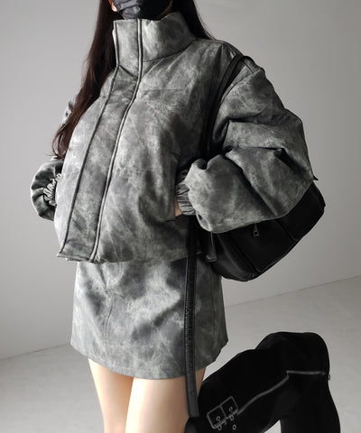 【 セットアップ着用可能 】ヴィンテージライクフェイクレザーショートダウンジャケット ／ vintage like fake leather short down jacket