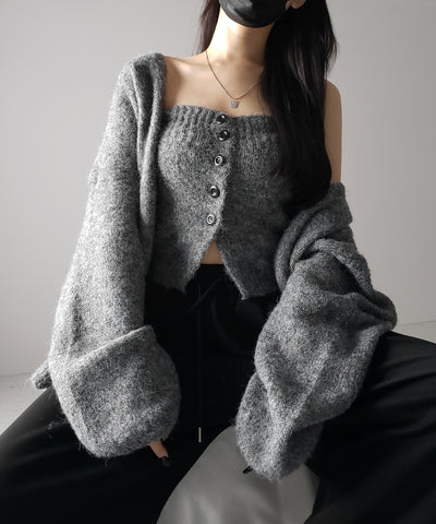 【 ２点セット 】ニットボタンビスチェ ＋ロングカーディガンセット ／ knit button bustier + long cardigan set