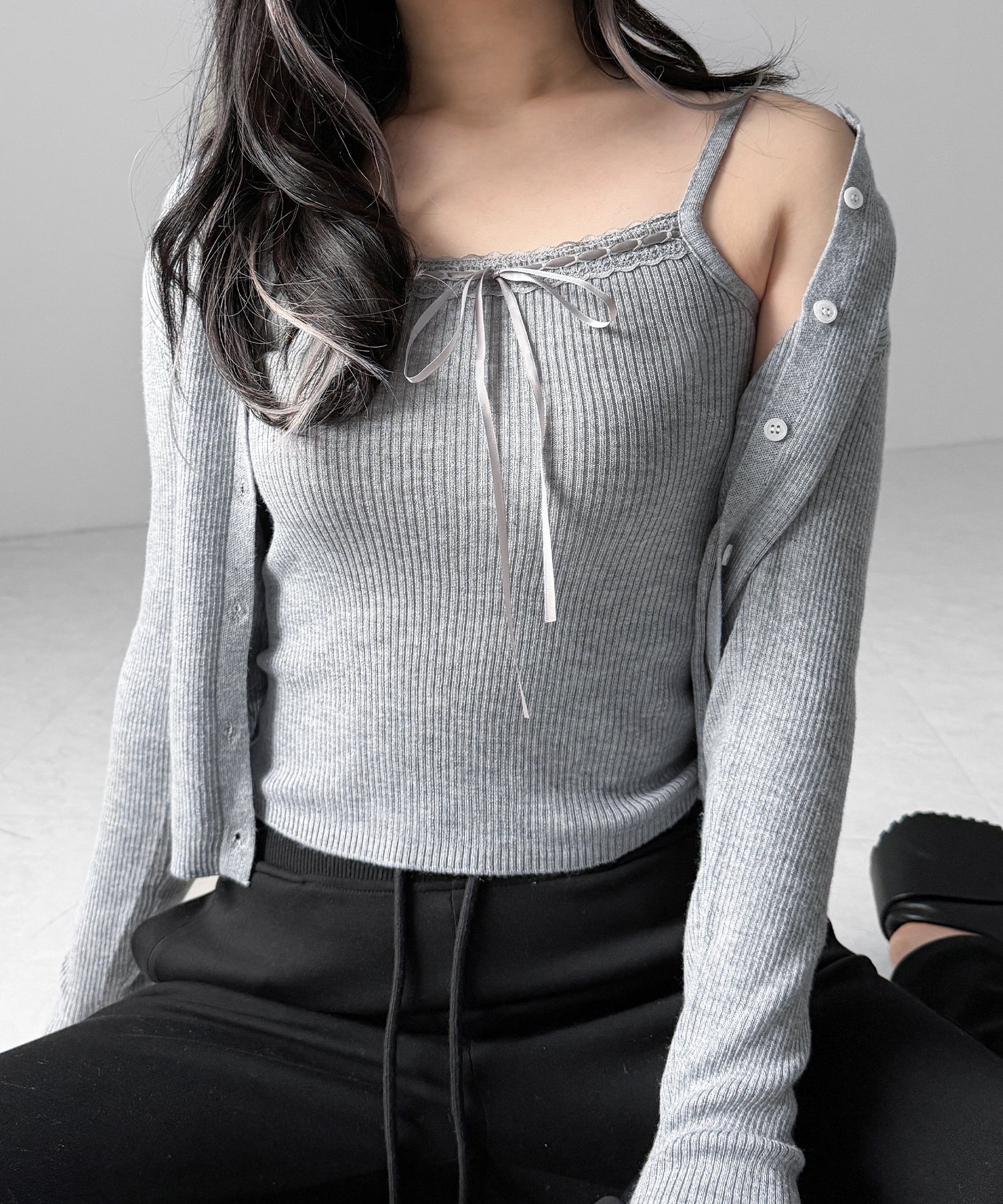 【 ２点セット 】リボンリブニットキャミソール ＋ カーディガンセット / ribbon rib knit camisole + cardigan set
