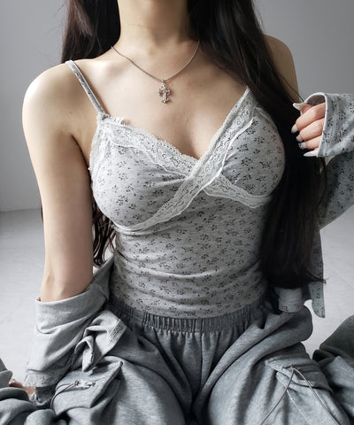 【 ２点セット 】小花柄レースキャミソール ＋ カーディガン SET ／ （ 2piece SET ）Floral lace camisole + cardigan SET