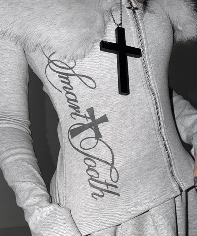 ファー襟クロスロゴジップアップリブカーディガン ／ fur collar cross logo zipup rib cardigan