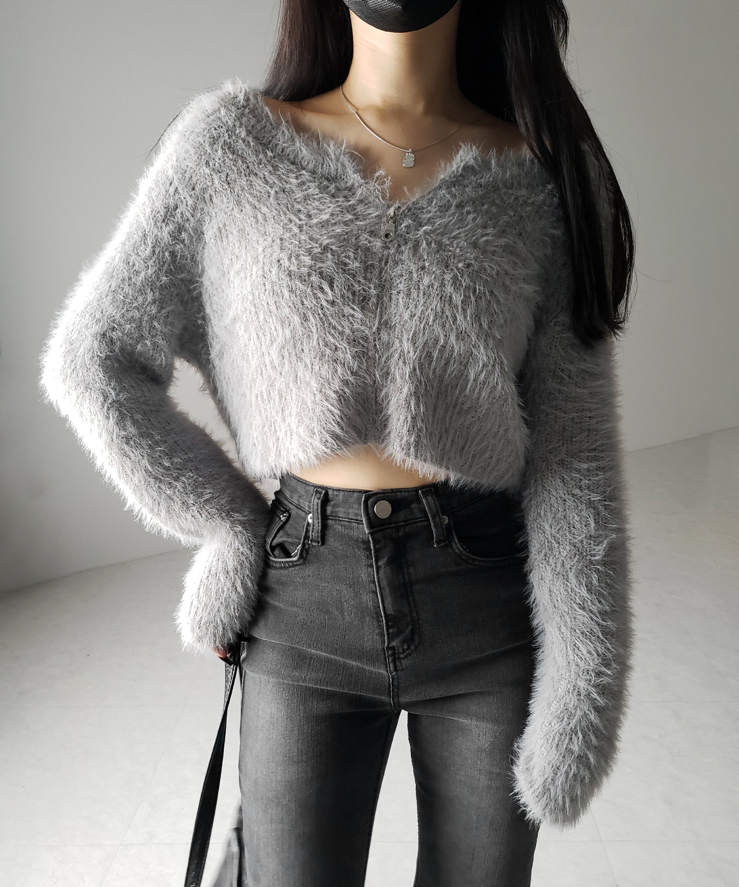 【 ３color 】フロントジップショートシャギーニットカーディガン ／ front zip short shaggy knit cardigan