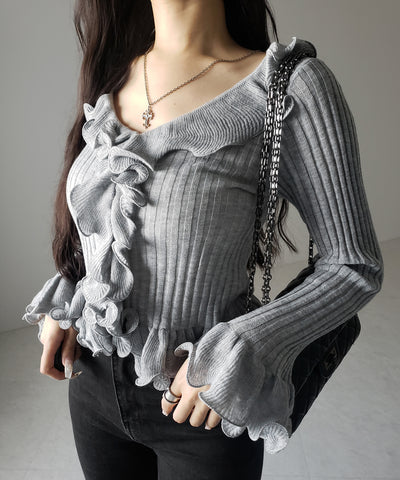 シアーフリル長袖リブニットカーディガン ／ sheer frill long-sleeve ribbed knit cardigan