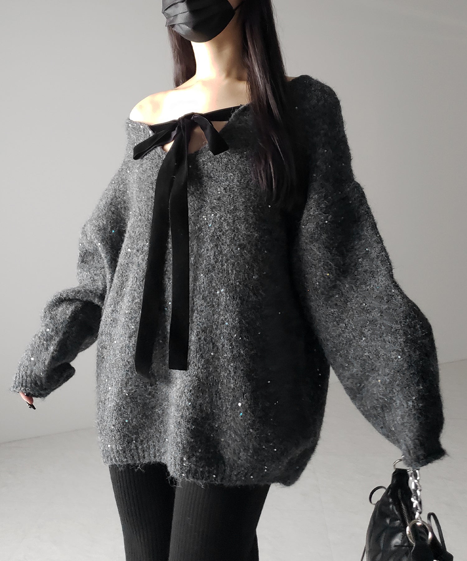 【 ２WAY 】ベロアリボンスパングルオーバーニット ／ velor ribbon spangle over knit