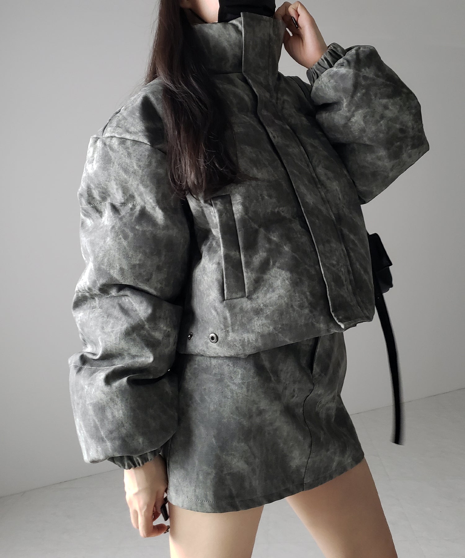 【 セットアップ着用可能 】ヴィンテージライクフェイクレザーショートダウンジャケット ／ vintage like fake leather short down jacket
