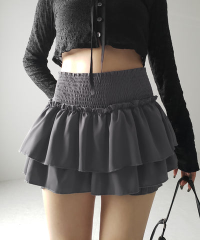 【 ３color ／ ３size 】２段フリルシャーリングミニスカパン ／ double frill shirring mini skirt pants