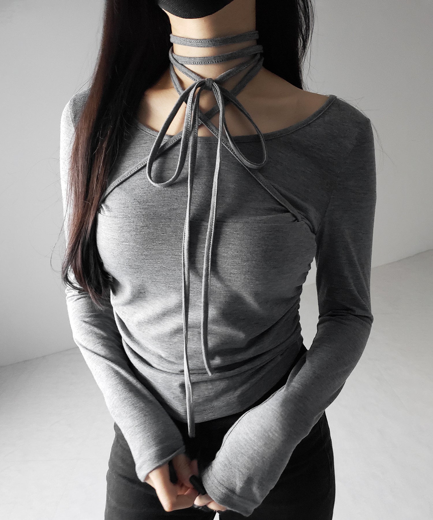 【 ３color 】クロスストラップロングチョーカーリボントップス ／ cross strap long choker ribbon tops