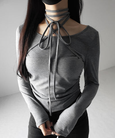 【 ３color 】クロスストラップロングチョーカーリボントップス ／ cross strap long choker ribbon tops