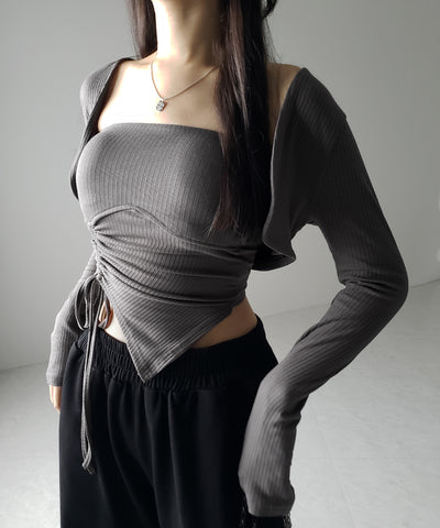 【 ２点セット 】シャーリングリボンベアトップス ＆ ショートカーディガン SET ／ shirring ribbon bare tops & short cardigan SET