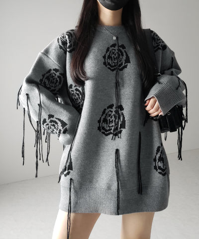 バラジャガードフリンジビッグシルエットニット ／ rose jacquard fringe big silhouette knit