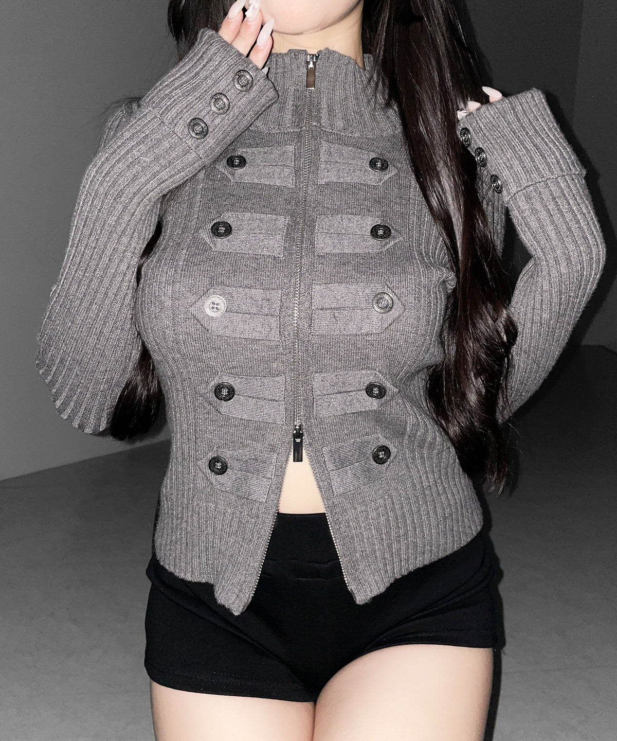 ナポレオンジップアップスリムリブニットカーディガン ／ Napoleon zipup slim rib knit cardigan