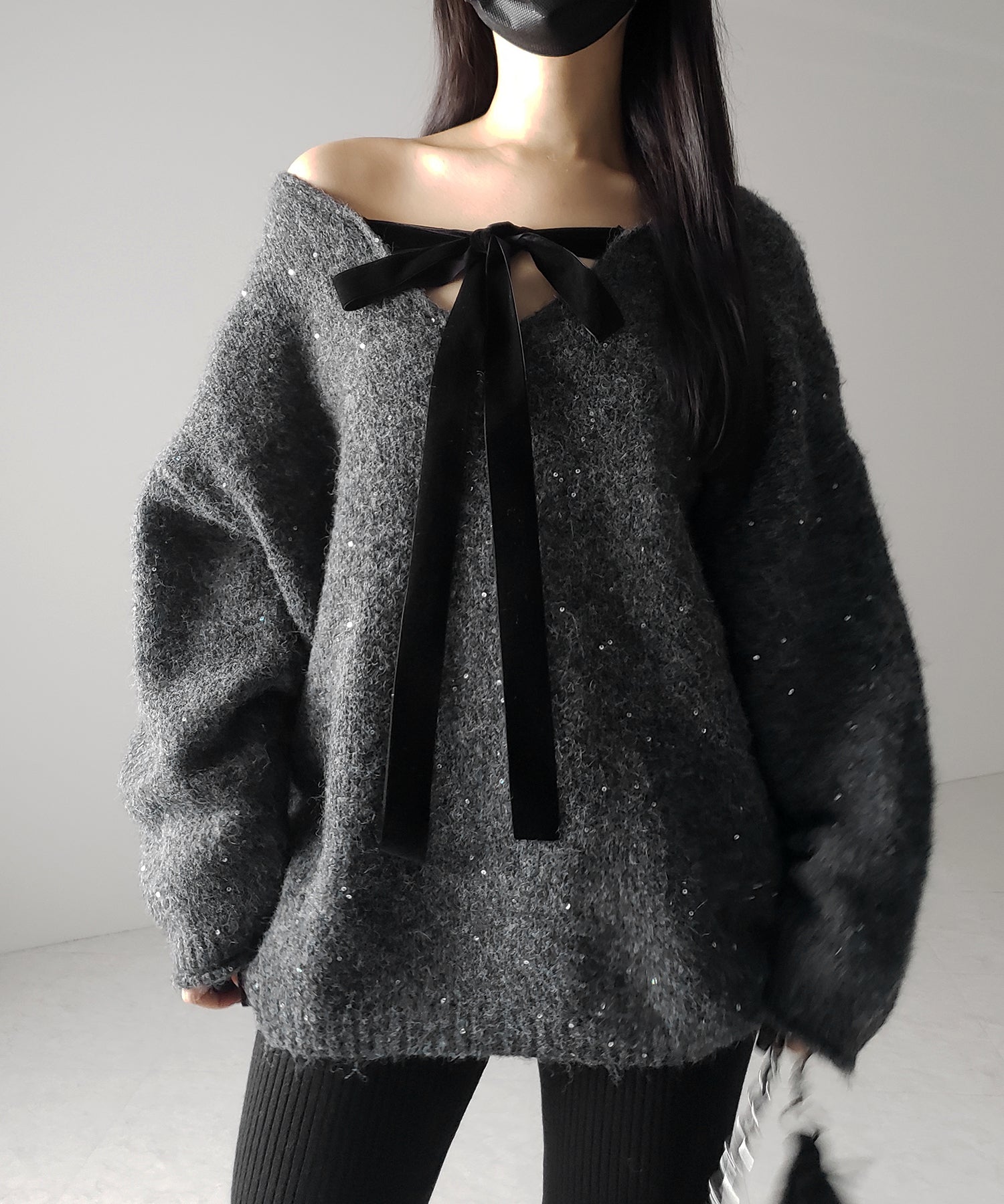 【 ２WAY 】ベロアリボンスパングルオーバーニット ／ velor ribbon spangle over knit