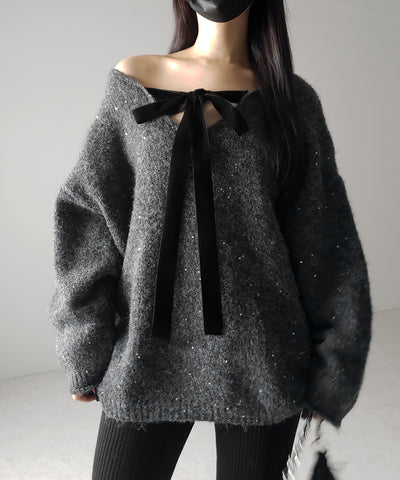 【 ２WAY 】ベロアリボンスパングルオーバーニット ／ velor ribbon spangle over knit
