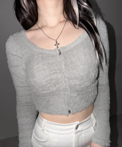 フロントジップショートシャギートップス／ front zip short shaggy tops