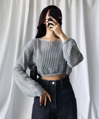 【 ７color 】ショート丈メッシュクロシェ透かし編みニット