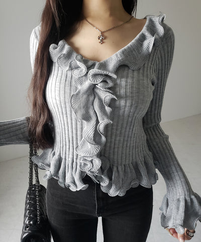 シアーフリル長袖リブニットカーディガン ／ sheer frill long-sleeve ribbed knit cardigan