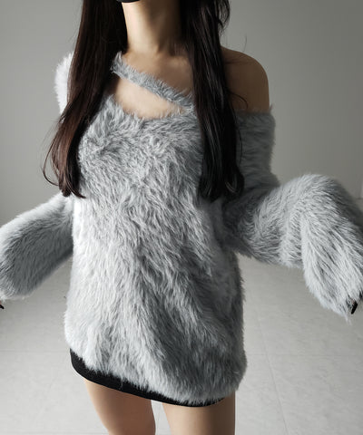 【 ３color 】ナナメストラップカットアウトシャギーニット ／ naname strap cutout shaggy knit