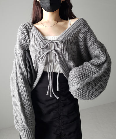 【 ５color 】フロントダブルリボンショートボレロカーディガン