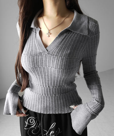 スキッパーネックスリムリブニットトップス ／ skipper neck slim rib knit tops