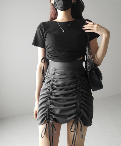 【 インパン裏地付 ／ セルフカット調節可能 】 ストラップダブルリボンシャーリングミニスカート ／ strap double ribbon shirring mini skirt