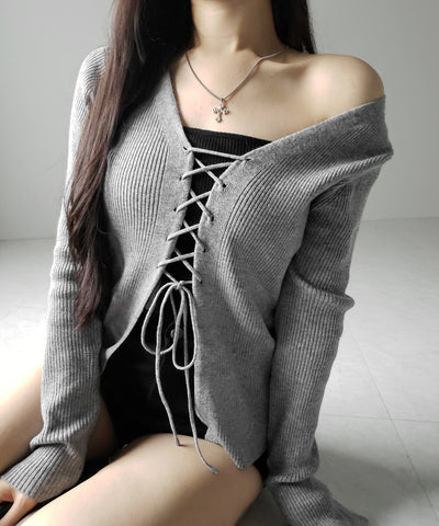 【 ３color 】レースアップリボンリブニットカーディガン ／ lace up ribbon rib knit cardigan