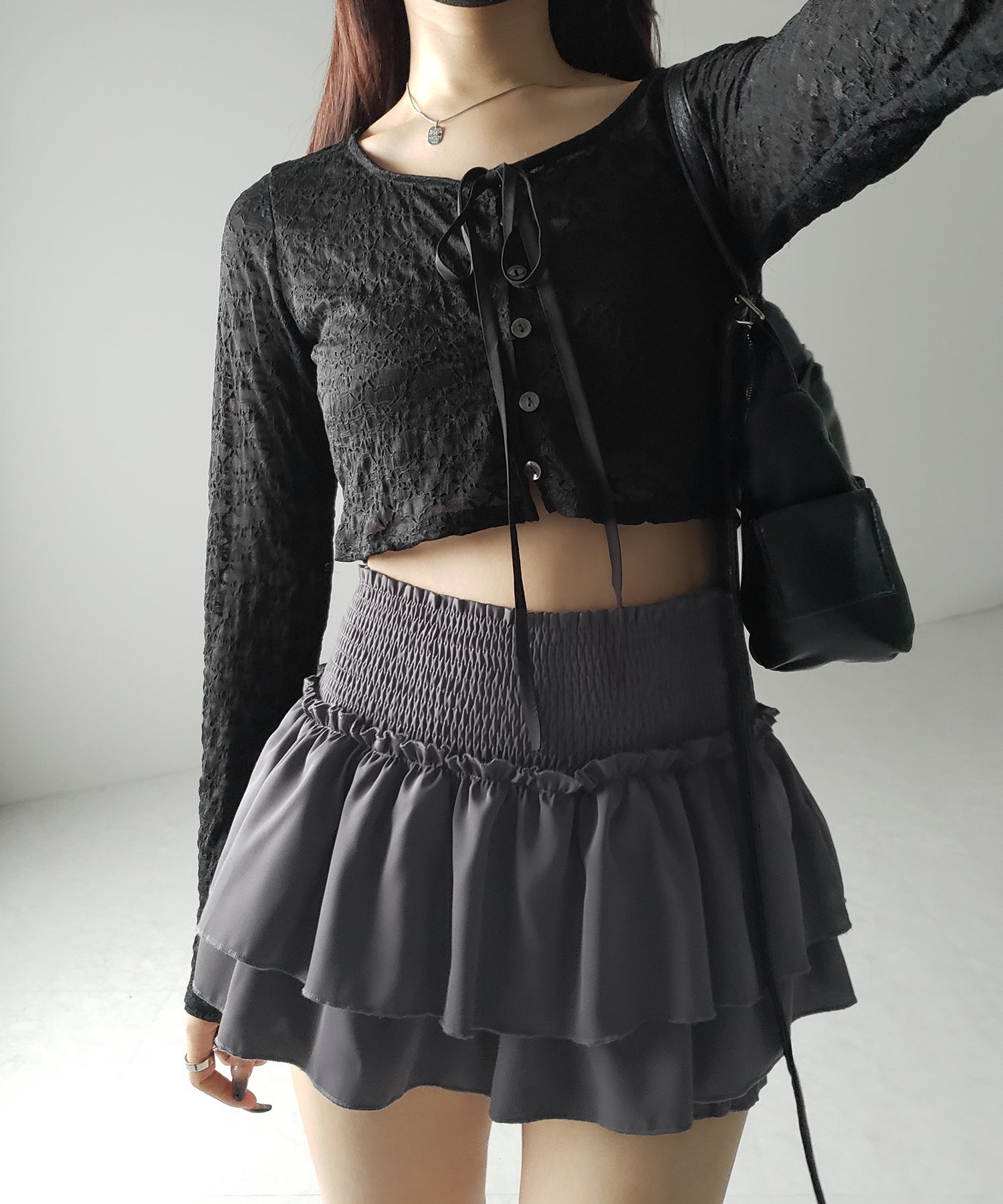 【 ３color ／ ３size 】２段フリルシャーリングミニスカパン ／ double frill shirring mini skirt pants