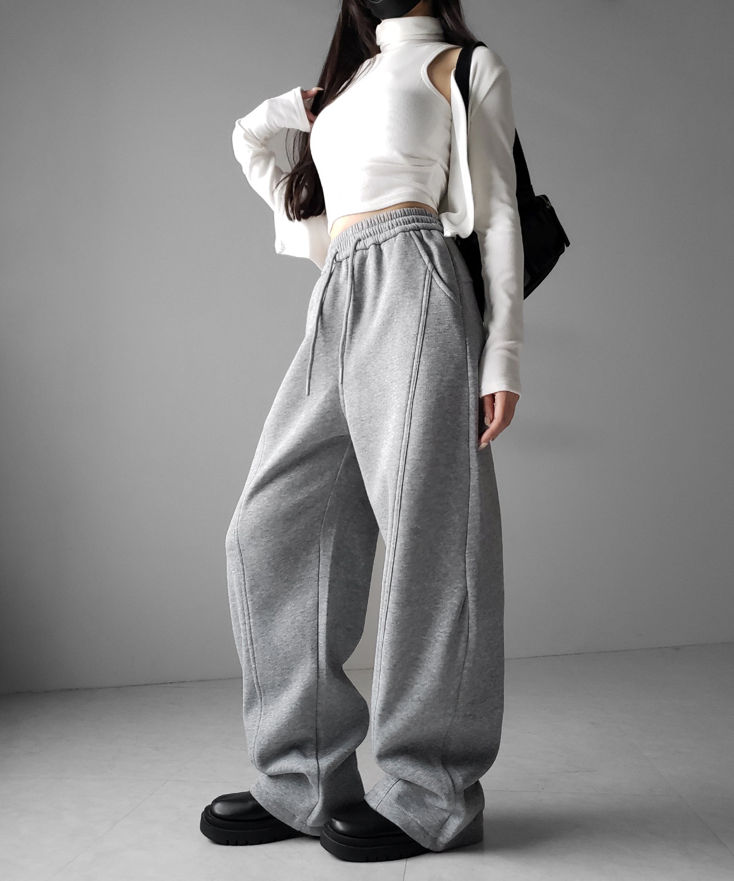 裏起毛 】カーブラインサイドタックワイドスウェットパンツ