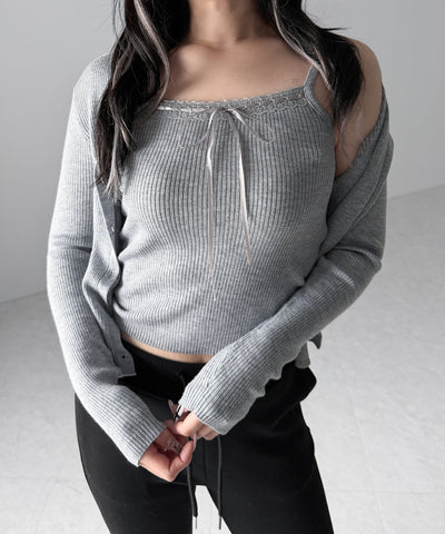 【 ２点セット 】リボンリブニットキャミソール ＋ カーディガンセット / ribbon rib knit camisole + cardigan set