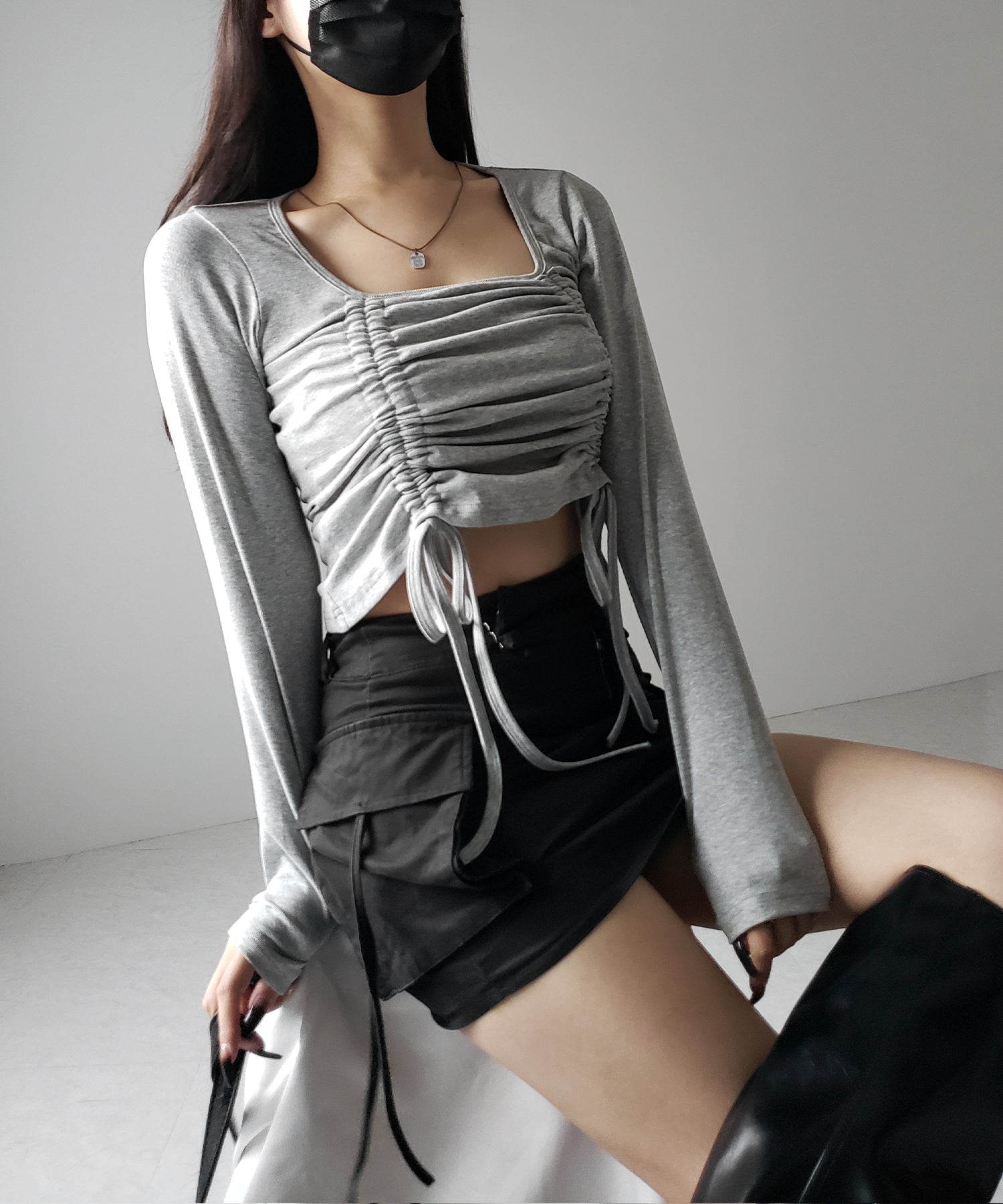 【 ３color 】 ダブルシャーリングリボンスクエアネックトップス ／ double shirring ribbon square neck tops