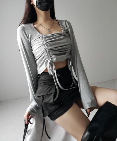【 ３color 】 ダブルシャーリングリボンスクエアネックトップス ／ double shirring ribbon square neck tops
