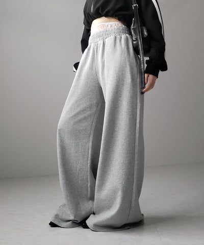 【 ２color 】ウエストレースドッキングワイドスウェットパンツ／ waist lace docking wide sweat pants