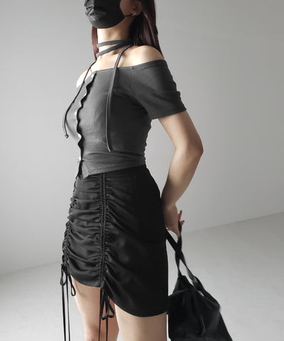 【 ２WAY 】ストラップリボンオフショルダーリブトップス ／ strap ribbon off shoulder rib tops